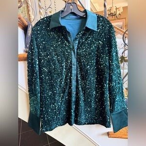 J.McLaughlin NWOT Emerald Green sequins long sleeve blouse. Never worn. Size M